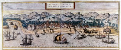 Ansicht von Kozhikode oder Calicut in Indien aus dem Atlas „Civitates Orbis Terrarum“ von Braun & Hogenberg von Georg Braun and Hogenberg Franz