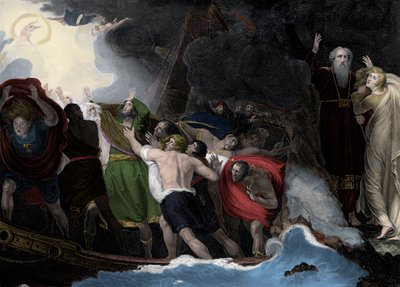 Prospero und Miranda, rechts, stehen auf der Insel, während die Seeleute Schiffbruch erleiden von George (after) Romney
