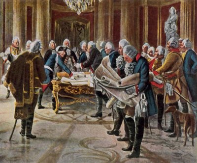 Friedrich der Große hält einen Kriegsrat mit seinen Generälen, August 1756 von George (after) Schobel