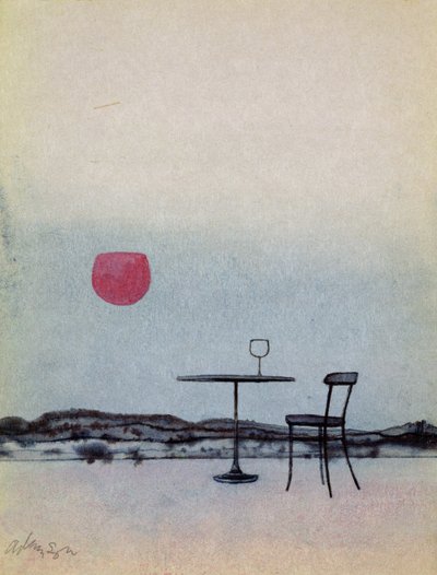 Verschütteter Rotwein auf einem Außentisch wird zur untergehenden Sonne von George Adamson