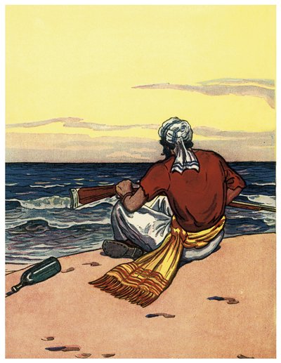 Ein Pirat verlässt eine einsame Insel und blickt auf die Horizontlinie Illustration aus „The Boys Books of Pirates“ von George Albert Williams (1875-1932) 1914 von George Alfred Williams