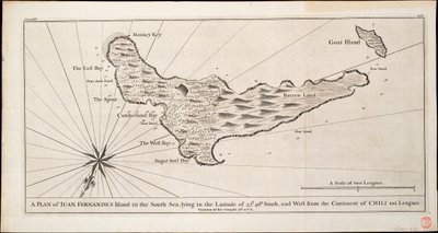 Plan der Insel Juan Fernández im Südpazifik, ca. 1750 von George Anson