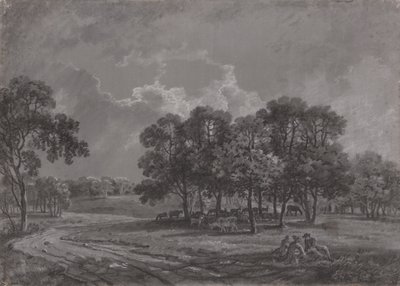 Parkszene mit Hirschen, Rindern und einer Gruppe von Figuren von George Barret