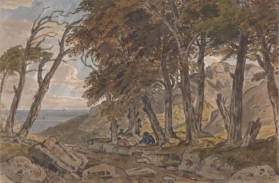 Figuren am Ufer eines bewaldeten Weges, mit Meer in der Ferne links von George Barret Jr.
