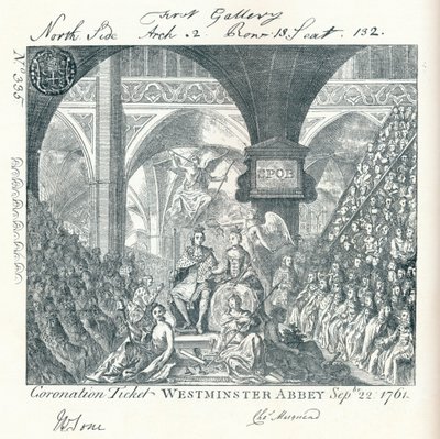 Gravierte Eintrittskarte für die Krönungszeremonie von George III in der Westminster Abbey 1761 von George Bickham