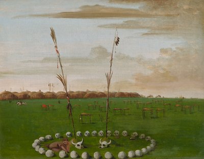 Rückansicht des Mandan-Dorfes, zeigt den Friedhof von George Catlin