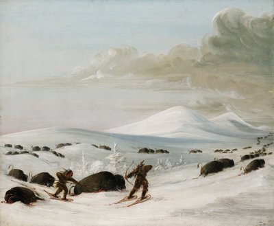 Büffeljagd im Schnee, Indianer auf Schneeschuhen verfolgend von George Catlin