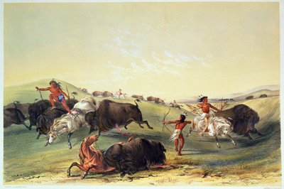 Büffeljagd, Platte 7 aus Catlins nordamerikanischer Indianersammlung, graviert von McGahey, Day und Haghe von George Catlin