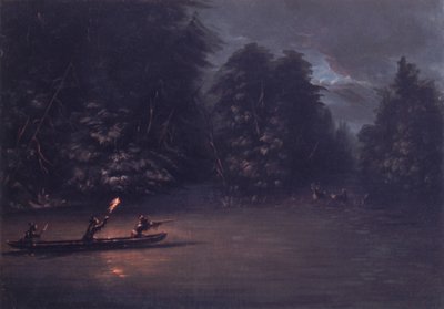 Hirschjagd bei Fackellicht in Rindenkanus, 1846-1848 von George Catlin