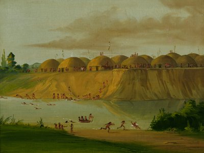 Hidatsa-Dorf, erdbedeckte Lodges am Knife River, 1810 Meilen oberhalb von St. Louis von George Catlin