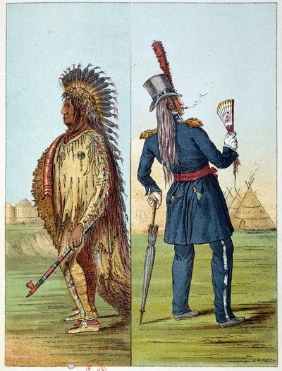 Indianer Amerikas: Assiniboin-Indianer in Militärkleidung mit zwei Flaschen Whisky in seinen Taschen. Illustration von George Catlin (1794-1872) von George Catlin
