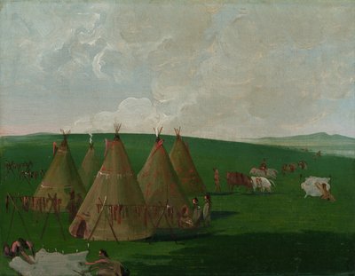Sioux am oberen Missouri, Büffelfleisch und -felle verarbeitend von George Catlin