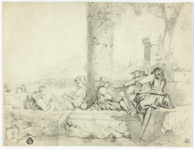 Kinder, Frau mit Säugling und drei Soldaten sitzen in Ruinen am See von George Cattermole