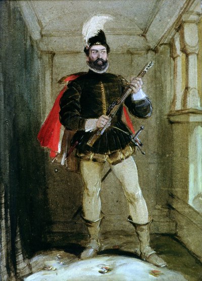 Hamilton von Bothwellhaugh kurz vor dem Schuss auf den Regenten Murray in Linlithgow, am 23. Januar 1570 von George Cattermole