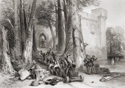 Die Belagerung von Lathom House, 1644, graviert von W. Topham von George Cattermole