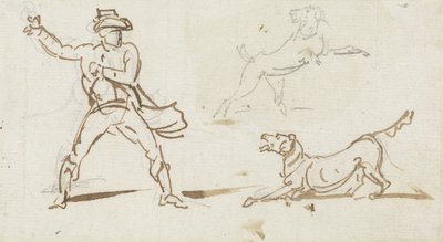 Ein Mann wirft einem Hund einen Ball zu von George Chinnery