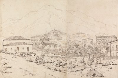 Gebäude an einem Berghang in einem bergigen Dorf (China?) von George Chinnery