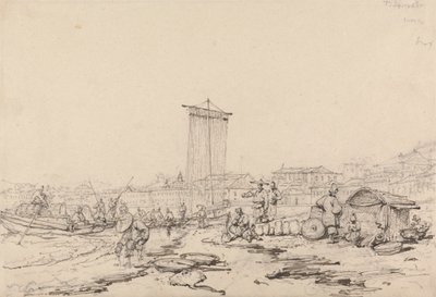 Küstenszene mit Fischern und Gebäuden, Macao von George Chinnery