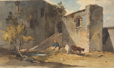 Figur mit Vieh im Schatten eines Gebäudes von George Chinnery
