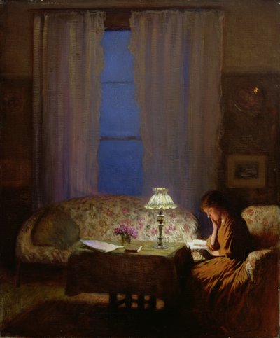 Lesen bei Lampenlicht (Dämmerung: Innenansicht) von George Clausen