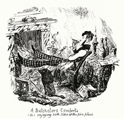 Der Komfort eines Junggesellen (d.h. beide Seiten des Kamins genießen) (Gravur) von George Cruikshank