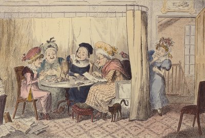 "Eine neugierige Gruppe verleumderischer Elfen oder Zuhörer hören selten Gutes über sich selbst", 1835 von George Cruikshank