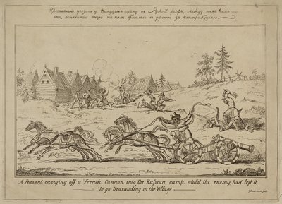 Ein Bauer trägt eine französische Kanone ins russische Lager, während der Feind plündernd im Dorf war, veröffentlicht am 8. Juni 1813 von George Cruikshank