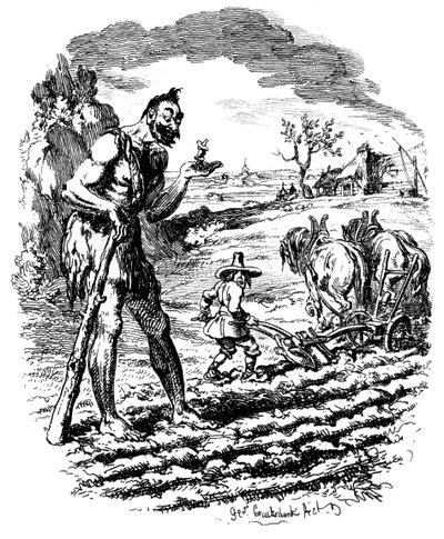 Ein Riese steht auf einem Feld, während ein Bauer pflügt, 19. Jahrhundert von George Cruikshank