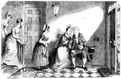 Eine Anzahl von Frauen kümmert sich um einen kranken Mann, 19. Jahrhundert von George Cruikshank