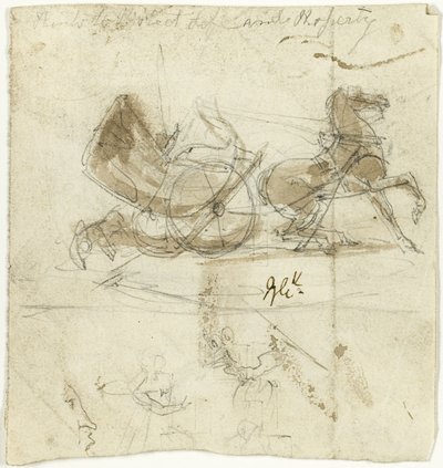 Karikatur von Selbst (recto); Kutsche von einem Pferd geworfen, mit anderen Skizzen (verso) von George Cruikshank