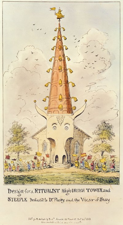 Entwurf für einen Ritualisten-Hochkirchenturm und -Spitze, gewidmet Dr. Pusey und dem Vikar von Bray, 1868 von George Cruikshank