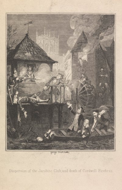 Zerstreuung des Jakobitenclubs und Tod von Cordwell Firebras von George Cruikshank