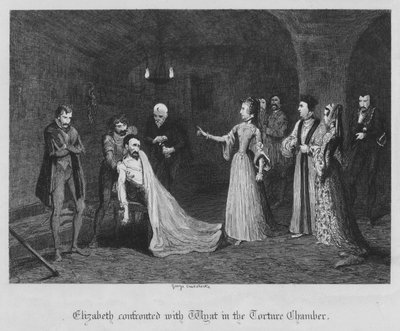 Elizabeth konfrontiert mit Wyat in der Folterkammer (Gravur) von George Cruikshank