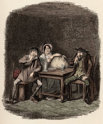 Fagin macht Geschäfte mit Morris Bolter, alias Noe Claypole, und Charlotte - Der Jude und Morris Bolter beginnen sich zu verstehen - Illustration für "Oliver Twist" (Die Abenteuer von Oliver Twist) von Charles Dickens (1812-1870), von George von George Cruikshank