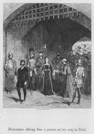 Feckenham bietet Jane auf ihrem Weg zum Prozess eine Begnadigung an (Stich) von George Cruikshank