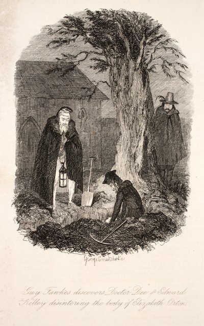 Guy Fawkes entdeckt Doctor Dee & Edward Kelley beim Ausgraben des Körpers von Elizabeth Orton, Illustration aus Guy Fawkes, oder der Gunpowder Treason: ein Historischer Roman, von William Harrison Ainsworth von George Cruikshank
