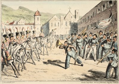 Jacks Trompete der Herausforderung, aus Greenwich Hospital, eine Serie von Marine-Skizzen, die das Leben eines Kriegsschiffsmannes beschreiben, veröffentlicht 1826 (handkolorierte Gravur) von George Cruikshank