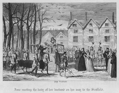 Jane trifft auf dem Weg zum Schafott auf den Leichnam ihres Mannes (Stich) von George Cruikshank