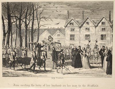 Jane trifft den Leichnam ihres Mannes auf dem Weg zum Schafott, aus Der Tower von London, veröffentlicht 1840 von George Cruikshank