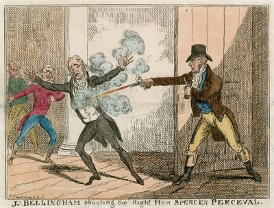 John Bellingham ermordet den Rt Hon Spencer Perceval in der Lobby des House of Commons von George Cruikshank