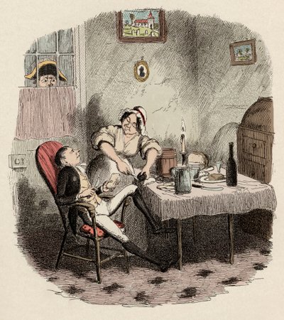 Monsieur Bumble beobachtet Noe Claypole und Charlotte - Mr. Claypole, wie er erschien, als sein Meister abwesend war - Illustration für „Oliver Twist“ (Die Abenteuer von Oliver Twist) von Charles Dickens (1812-1870), von George Cruikshank (1792-1878). von George Cruikshank