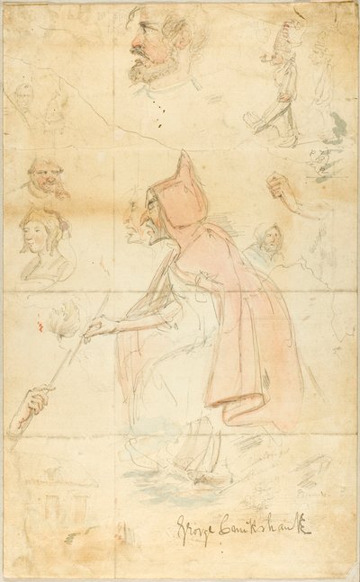 Mutter Shipton (recto); Blatt mit Skizzen: Fleur-de-Lis und Figuren (verso) von George Cruikshank