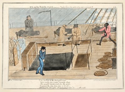 Mr. B auf der Mittelwache - kalt weht der Wind und der Regen setzt ein, aus Der Fortschritt eines Seekadetten, veröffentlicht 1835 von George Cruikshank