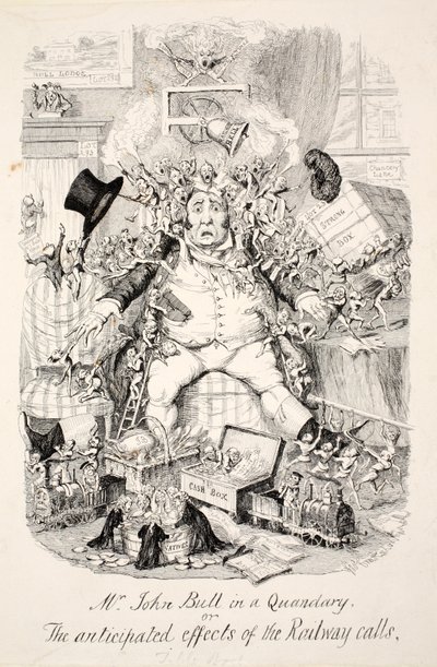Mr. John Bull in einer Zwickmühle oder die erwarteten Auswirkungen der Eisenbahnanrufe von George Cruikshank