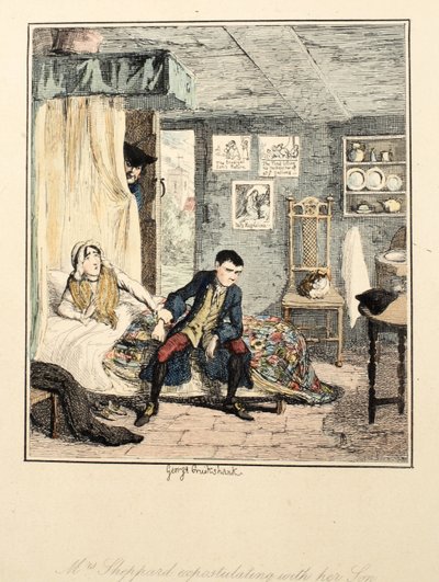 Mrs. Sheppard ermahnt ihren Sohn, Illustration aus Jack Sheppard: Eine Romanze von William Harrison Ainsworth, veröffentlicht 1839 (handkolorierte Radierung) von George Cruikshank
