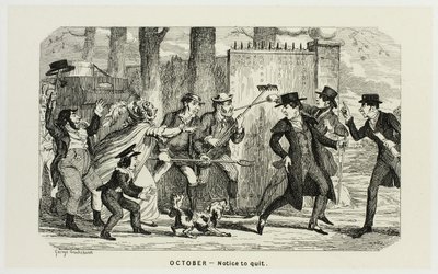 Oktober - Kündigung aus George Cruikshanks Stahlradierungen zu The Comic Almanacks: 1835-1853 von George Cruikshank
