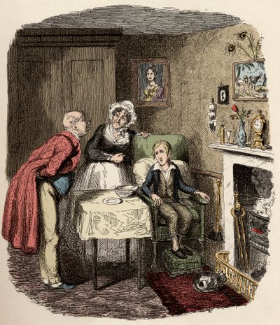 Oliver wird von Mr. Brownlow und seiner Haushälterin Mrs. Bedwin aufgenommen und gepflegt - Oliver erholt sich vom Fieber - Illustration für „Oliver Twist“ (Oliver) (Die Abenteuer von Oliver Twist) von Charles Dickens (1812-1870), von George Cruikshank (17 von George Cruikshank