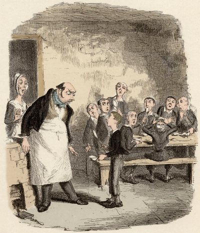 Oliver soll den Aufseher des Kinderhospizes um zusätzliches Essen bitten - Illustration für „Oliver Twist“ von Charles Dickens (1812-1870) von George Cruikshank