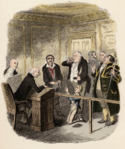 Oliver bittet den Kinderrichter, ihn nicht bei Gamfield, dem Schornsteinfeger, in die Lehre zu geben - Illustration für „Oliver Twist“ von Charles Dickens (1812-1870) von George Cruikshank
