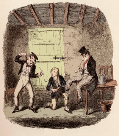 Oliver wachst die Schuhe des Fuchses, während Charley Bates die Gefahren des Hängens erklärt - Illustration für „Oliver Twist“ von Charles Dickens, von George Cruikshank von George Cruikshank